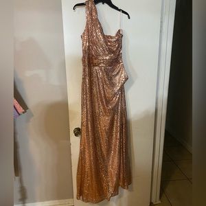 Rose Gold One Shoulder Evening Gown with Broken Zipper